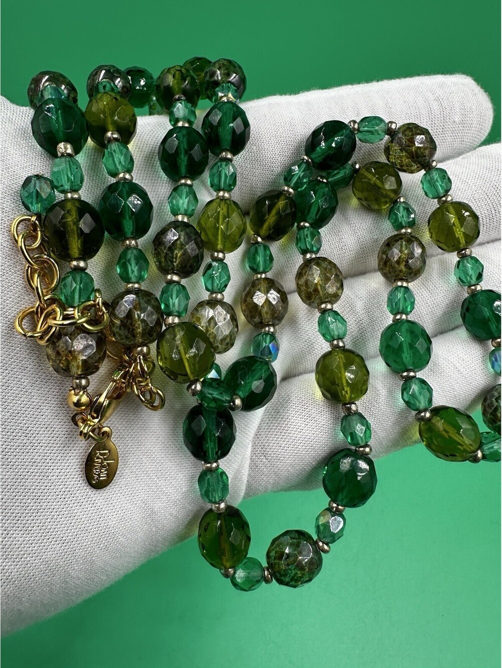 Vintage Joan Rivers Green Acrylic Lucite Necklace Round Beaded Gold Tone 32”